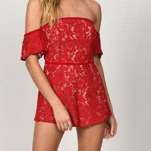 Red Lace Off-The-Shoulder Romper from Tobi